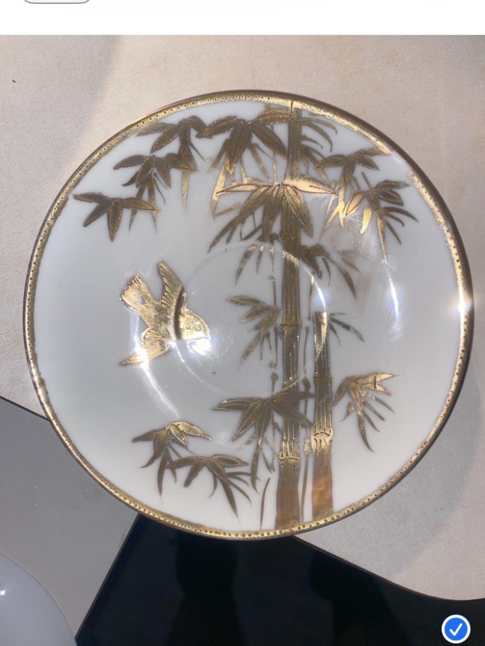 Vintage Japan made White Porcelain saucer plate with Gold Bamboo & Bird Motif